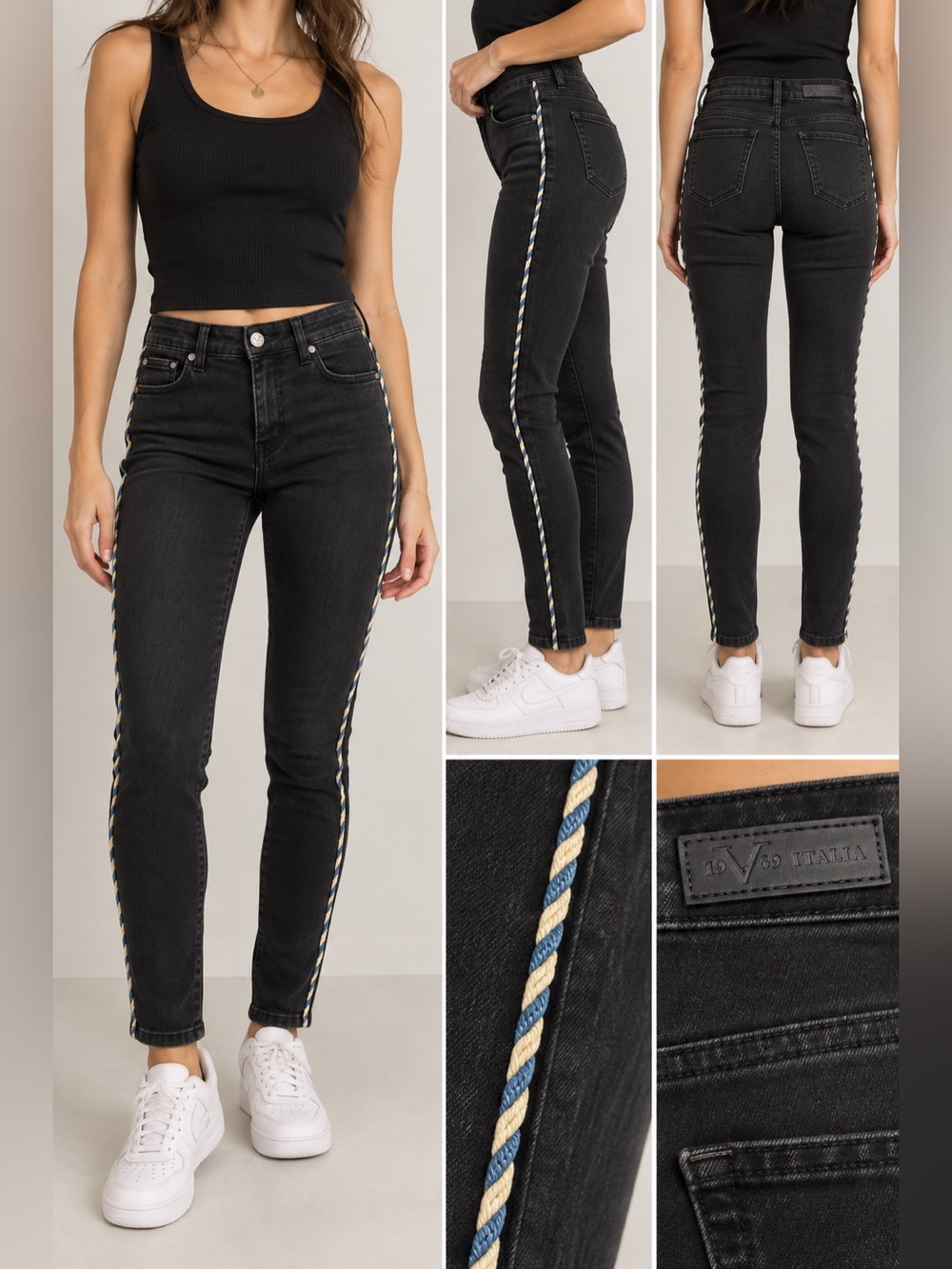V 19.69 Italia Black Skinny Jeans 28/6 Rope Side Stripe Stretch